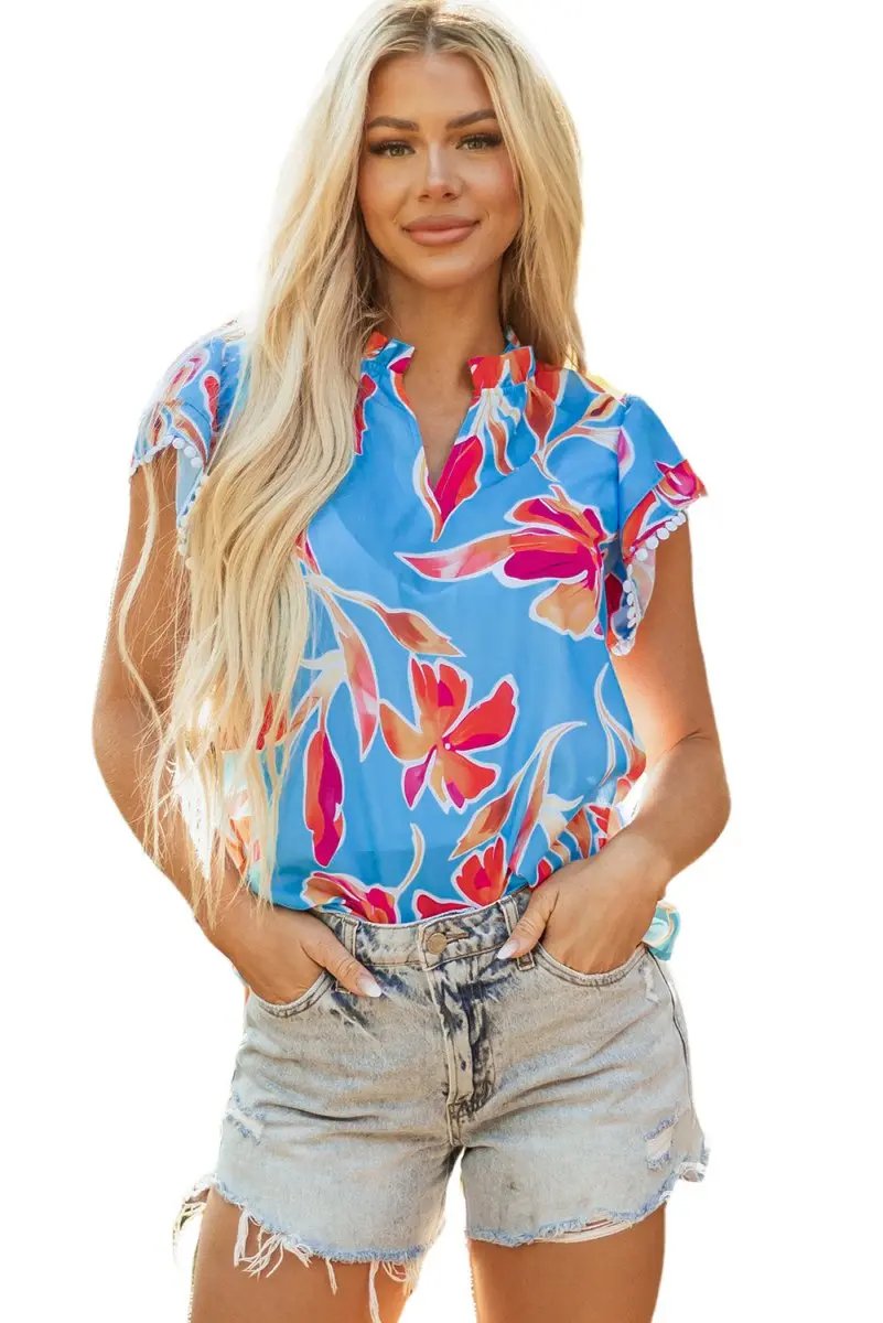 Sky Blue Floral Print V Neck Pompom Trim Flutter Sleeve Blouse - Love Salve